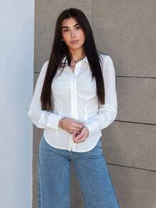 Hitanina Women's Plain Pleat Button Long Sleeve Blouse, White Collared Shirt White Shirt Women White Fitted Shirt White Blouse Elegant Office Blouse,Teacher Outfits For Women,Back To School Clothes,Teacher Shirts,Fall Women Clothes,All-Season,Button Up Shirt Women White Button Down Shirt Business Casual Women Shirts Women White Shirt Winter Casual White - White - View 1