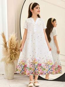 SHEIN 少女白色缺口領刺繡花卉喇叭裙中長度假洋裝 - 紅色 - 查看 5