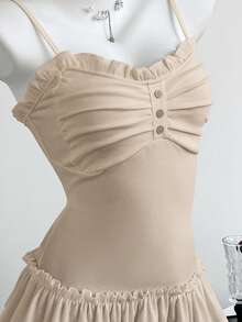 Elamini 女士休闲吊带背心，饰有荷叶边和前褶 - 杏色 - 查看 3