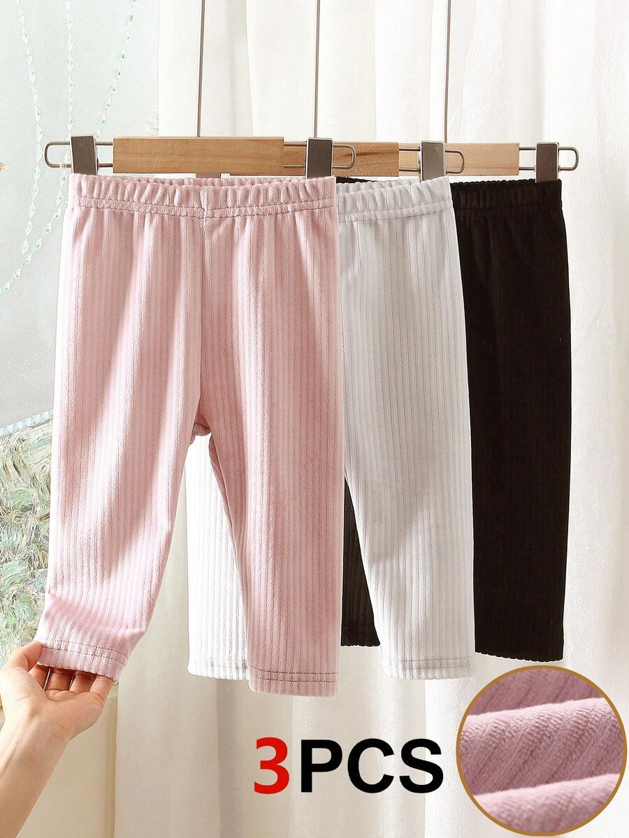 SHEIN Playful Pals 3件套女婴百搭休闲纯色弹力打底裤套装，针织灯芯绒女婴打底裤，适合春、夏、秋、冬四季穿着，女婴条纹裤，罗纹打底裤，女婴裤，女婴打底裤，女婴服装，女婴长裤，新生儿裤，罗纹打底裤 - 彩色 - 查看 1