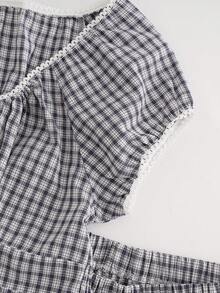 Resyla 2pcs Women Casual Plaid Print Top & Shorts Set - Blue - View 4