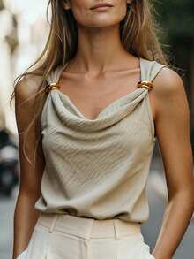 Ellegaria. Elegant Halter Neck With Metal Buckle Embellishments, Khaki Women's Vest With Drawstring Waist, Casual Women's Top, Perfect For Summer Vacation Wear, Sleeveless Top. - Khaki - View 2