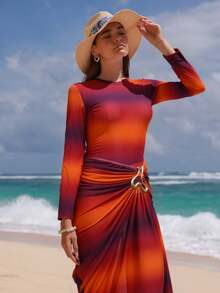 Swim Shayni 女士沙滩度假随机渐变印花金属装饰拉链长袖三件套泳衣 - 彩色 - 查看 1