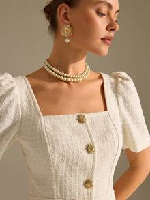 CLARA VERO White Tweed Puff Sleeve Layered Ruffle Skirt Set: Slim Fit And Girly Peplum Shape, Perfect For Afternoon Tea Parties Or Elegant City Events, Made In Non-Elastic Textured Polyester Featuring Gold Button Down Front And Double Layered Skirt White Vintage Dress Square Neck Blouse French Style Dress Tweed Two Piece Set - Olive Green - View 2