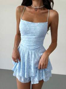 Aloruh Women's Summer Vacation Casual Spaghetti Strap Backless Romper - Blue - View 5