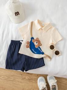 SHEIN 2pcs/Set Toddler Boys' Casual Cute Bear Embroidered Polo Shirt And Navy Shorts Set, Spring/Summer Baby Boy Clothes, Outfits - Navy - View 7