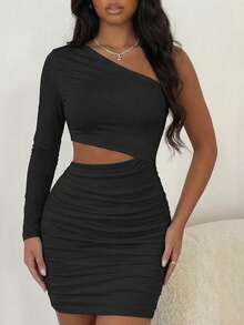 Allurite Women's One-Shoulder Hollow Pleated Slim Dress Fall Cloth For Women