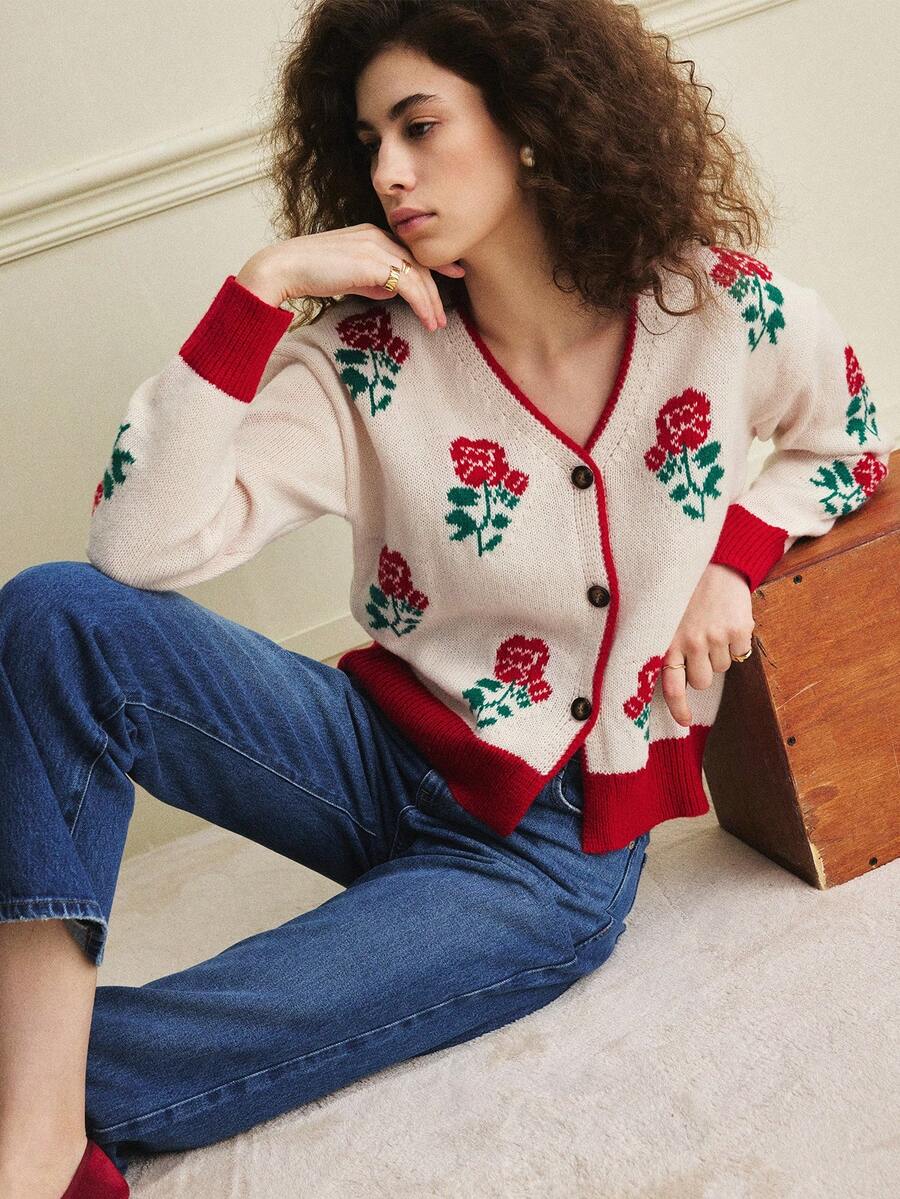 Écloséra Early Spring New Romantic Valentine's Day Vintage Contrast Color Rose Jacquard V-Neck Long Sleeve Loose Women Cardigan Sweater - Multicolor - View 1