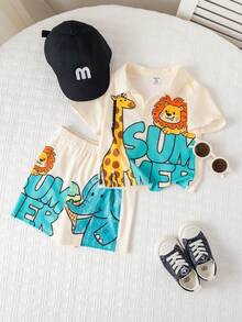 SHEIN 2 Stücke/Set Unisex Baby Jungen/Mädchen Lässig Süß Tier Muster V-Ausschnitt Kurzarm T-Shirt und Shorts Set, Frühling/Sommer Baby Kleidung Outfit - Aprikosenfarben - Übersicht 6