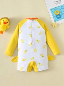 SHEIN Bubblio Áo tắm dài tay chống nắng cho bé trai/bé gái, họa tiết vịt phối màu tương phản dễ thương, thích hợp cho bãi biển, bơi lội, mùa hè. - Màu vàng - Xem 3