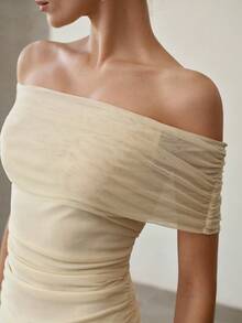 MOTF PREMIUM WOMEN'S APRICOT MESH FITTED SEXY ELEGANT OFF-SHOULDER TOP - Apricot - View 5