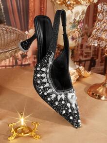CUCCOO TILAWA Luxury Gold Crystal High Heel Sandals, Handmade Rhinestone Gilded Fully Studded Sandals, Suitable For Weddings, Vacations, Parties, Nightclubs And Other Occasions For Christmas Valentine's Day - Black - View 3