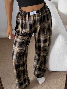 SHEIN 女士休闲格子印花弹力腰直筒家居裤