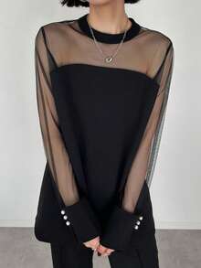 FRIFUL Women's Solid Black Mesh Patchwork Casual Versatile 2 Pieces Set - Black - View 6