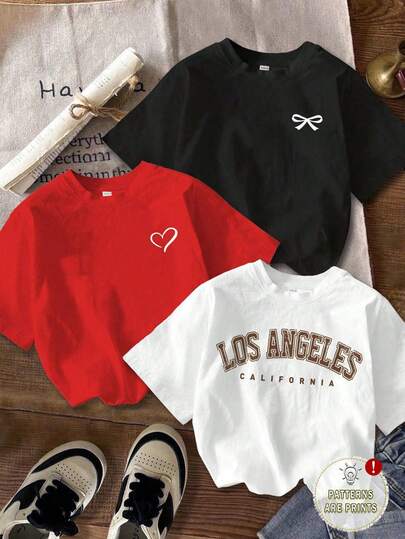 Attitoon 3 piezas Parte superior corta de manga corta con ajuste cómodo con estampado de corazón, lazo y letra inglesa, versátil para reuniones, fiestas, aeropuertos, para primavera/verano