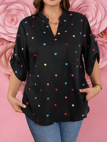 SHEIN LUNE 大码V领长袖爱心印花休闲浪漫情人节上衣 - 彩色 - 查看 3