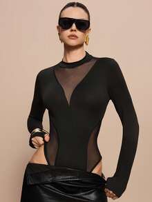 Olia Maree Olia Maree 女士时尚透视网纱拼接长袖连体衣 - 黑色 - 查看 4