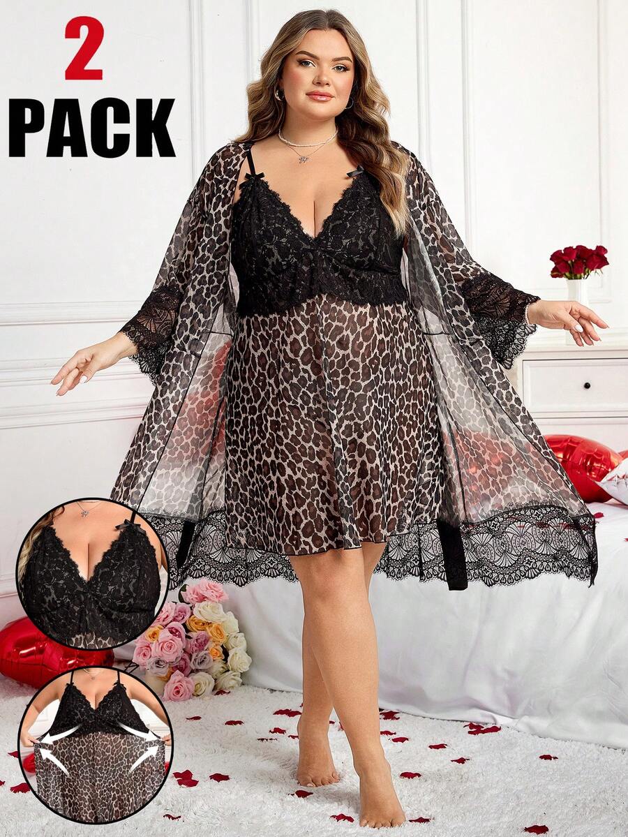 SHEIN CURVE+ Ensemble de 2 pièces pour femmes grandes tailles, Cardigan casual et robe, Robe à patchwork en dentelle et cardigan en dentelle, Jour de la Saint-Valentin - Multicolore - Voir 1