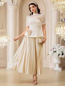Modelyn Conjunto de 2 piezas de top de malla con decoración floral 3D y falda plisada elegante para fiesta de mujer - Albaricoque - Ver 6