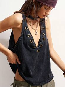 Bohemela 休闲纯色针织露肩宽松水洗女式背心 - 黑色 - 查看 1