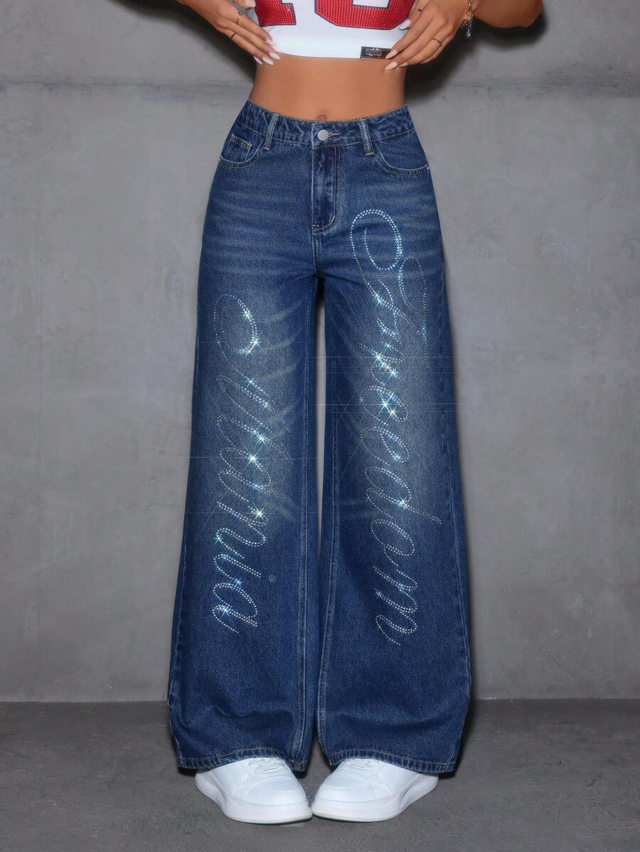 SHEIN EZwear Women's Retro Y2K Style Rhinestone Embellished Straight Leg Jeans - Dark Wash - View 1
