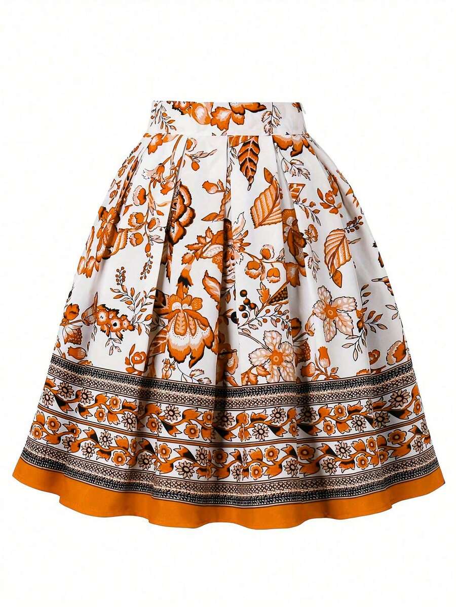 SHEIN Unity Women's Pleated Floral Print Skirt - Orange - View 1