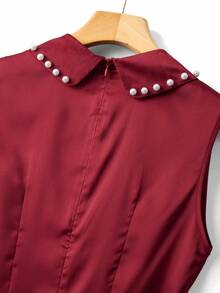 Franclia Women's Minimalist Metal Buckle Waist Belt Casual Holiday Mini Dress, Collar With Bubble Pearls, Elegant For Outings And Gatherings - Burgundy - View 7