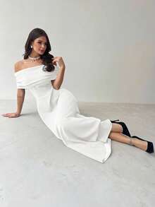 Firerie 女士优雅简约时尚浪漫性感连衣裙，露肩高腰A字伞裙，适合度假、通勤、约会，白色 - 白色 - 查看 5