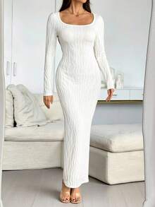 SHEIN Tall Đầm dài tay cổ tròn dệt kim màu mơ, đầm pastel cho nữ, đầm dài màu trắng cho nữ - Màu be - Xem 5