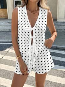 Easowa 2pcs Women Polka Dot Print Camisole Top And Shorts Set, Suitable For Spring/Summer,Spring And Summer , Black And White Pocardi Polka Dot Spring,Casual - Multicolor - View 10