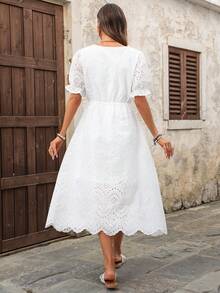 EMERY ROSE Women's Casual Vacation Style Solid Color Schiffy Bubble Sleeve Cinched Waist Shell Trim Dress, Summer - White - View 2