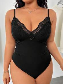 SHEIN EZwear Plus Size Women's Summer Ice Silk Breathable Black Lace Bow Decor Camisole Bodysuit, Stretchy & Slimming - Black - View 4