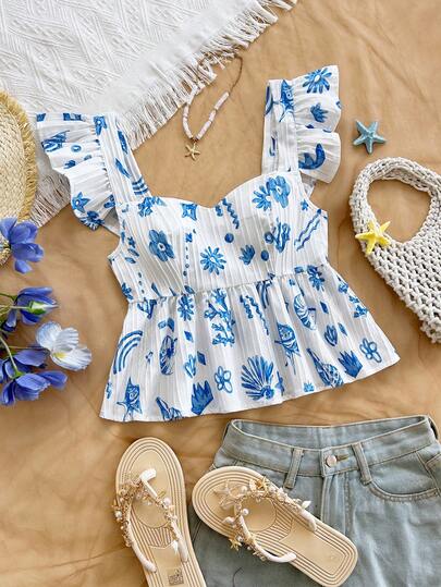 Soleia Pattern A-Line Cap Sleeve Women's Blouse, Suitable For Vacation, Music Festival, Bohemian, Holiday, Afternoon Tea