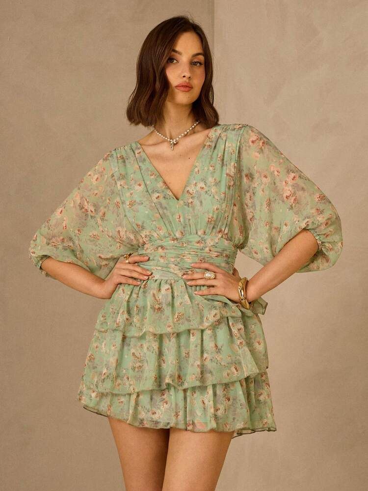 Women Summer Elegant Ditsy Floral Lantern Sleeve Ruffle Hem Mini Dress