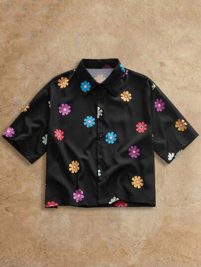 HIMLAND Men's Casual Woven Pocket Letter Embroidered Loose Short Sleeve Shirt Daily Essential Wardrobe Staple Basic Style All-Match Style Go-To Piece Mix-And-Match Item Casual Versatile Style  Premium Textured Fabric Flower Shirt Men S Crop Button Up Black Floral Shirt Floral Button Up Shirt For Men Y2k Button Up