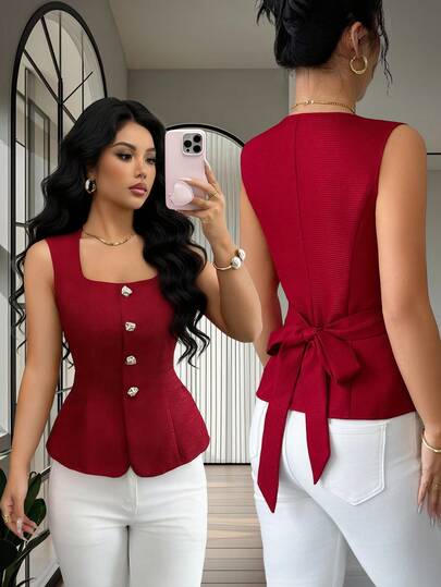 Rafferiza Fashionable, Elegant And Versatile, With A Waist Cinching Design And A Square Neck Metal Buckle. Paired With Women's Elegant Tops, Women's Summer Tops, Women's Outerwear Tops, Casual Tops, Spring And Summer Burgundy Tank Tops Red Top Women Bow Top Women Women Tops Elegant Bow Tops For Women Business Casual Women Tops