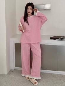 Dazy Plus 2pcs/Set Cute Striped Loose Long Sleeve Top And Long Pants Pajama Set, Pink, Spring/Summer - Pink - View 4