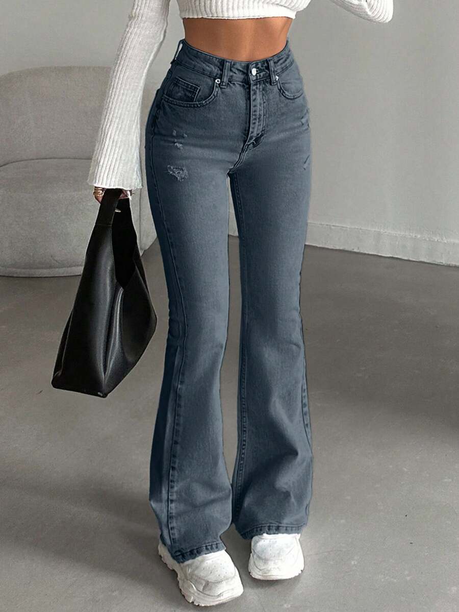 SHEIN 98%Cotton High-Waist Original Boot Cut Jeans Tall - Navy Blue - View 1