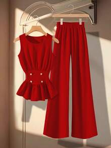 GlowEve Women's Red Knitted Textured Round Neck Cinched Waist Ruched Flared Design Elegant Niche Sense Luxury Shirt And Straight Leg Pants 2 Pieces Set, Spring/Summer - Red - View 1