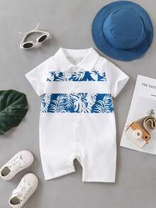 2pcs/Set Baby Boy Summer Countryside Style Leaf Print Polo Shirt And Shorts With Hat, Summer Vacation Set, Leisure Vacation Style