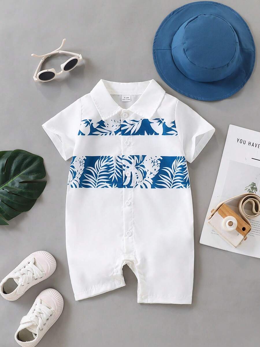 2pcs/Set Baby Boy Summer Countryside Style Leaf Print Polo Shirt And Shorts With Hat, Summer Vacation Set, Leisure Vacation Style