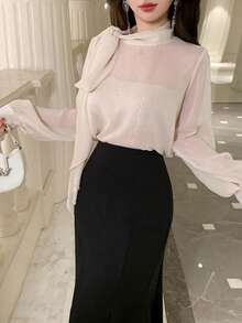 DAZY Women's Elegant Long Sleeve White Shirt, Casual Office/Commute Wear, Spring/Summer, Valentine's Day - Beige - View 2