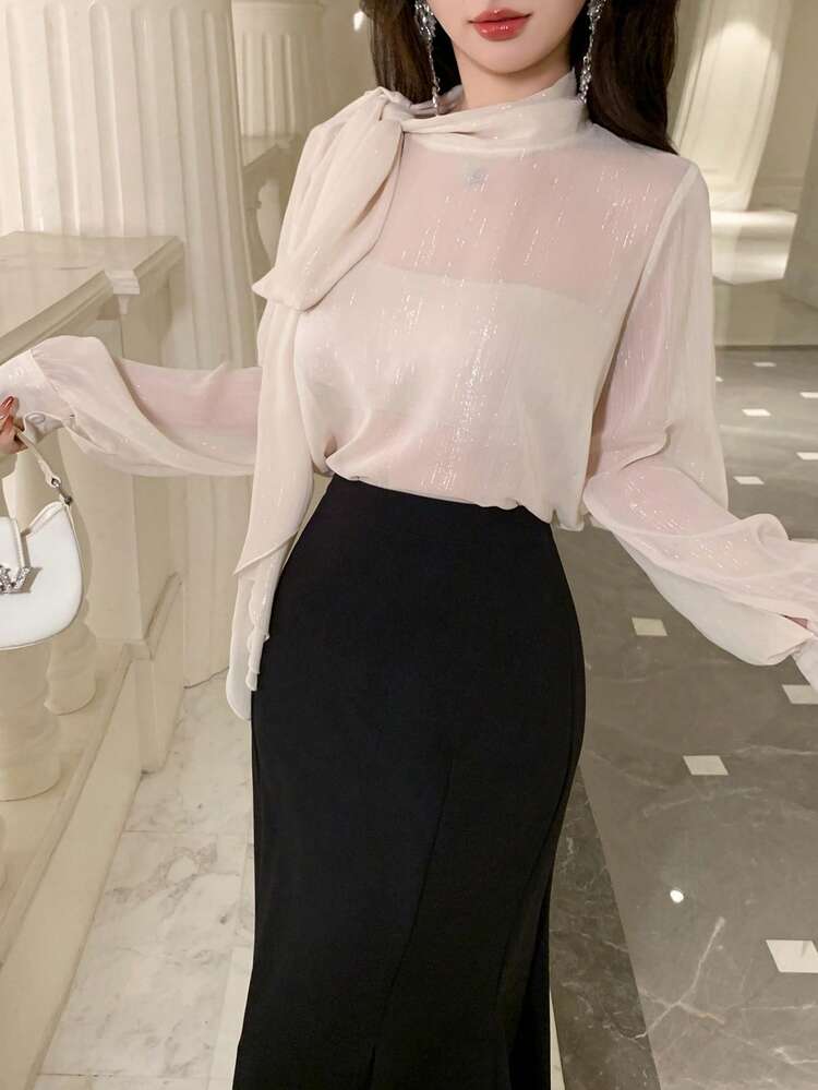 Women's Elegant Long Sleeve White Shirt, Casual Office/Commute Wear, Spring/Summer, Valentine's Day