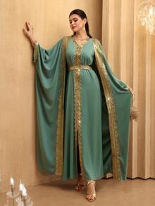 SHEIN Najma 2pcs Women's Exaggerated Ruffle Elegant Loose Casual Robe - Dark Green - View 5