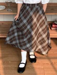 DAZY Young Girls Woven Plaid Asymmetric Skirt, Fall - Brown - View 7