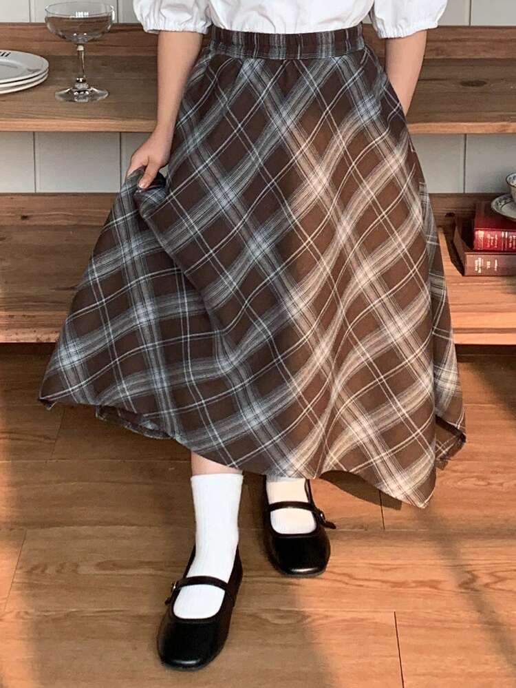 Young Girls Woven Plaid Asymmetric Skirt, Fall