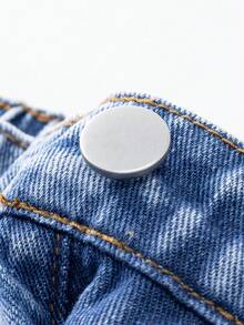 Jeans de pierna ancha con lavado desgastado y bordado de copos de nieve para niñas preadolescentes - Azul lavado medio - Ver 5