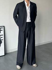 DAZY Navy Blue Loose Fit Speckled Collar Long Sleeve Jacket And Pants Suit Set For Men, Autumn - Royal Blue - View 4