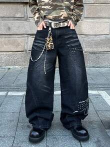 Manfinity EMRG 做旧猫须串珠磨边设计宽松直筒阔腿牛仔裤 - 黑色 - 查看 5