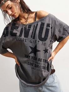 Bohemela 休闲纯色针织不对称领短袖宽松女式T恤，灰色大字母图案T恤，夏季款 - 軍綠色 - 查看 3